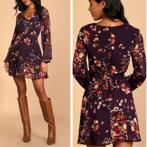 Lulu's Always Yours Plum Purple Floral Print Long Sleeve Skater Dress size S NWT